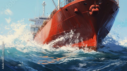 Majestic red cargo ship cutting through ocean waves