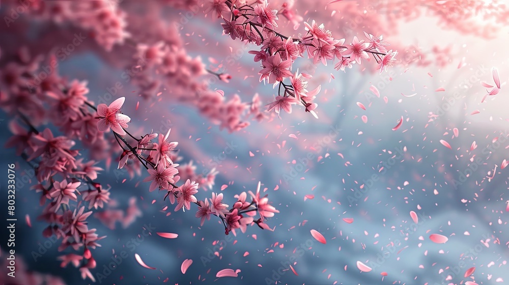 cherry blossom petals flow on the wind
