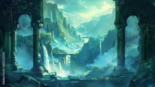 Surreal landscape with waterfalls, ancient ruins, and misty mountains through an arched window