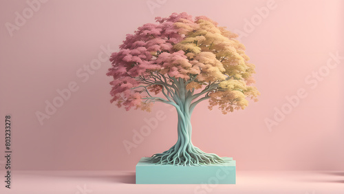 A tree with pink and yellow leaves is standing on a white pedestal