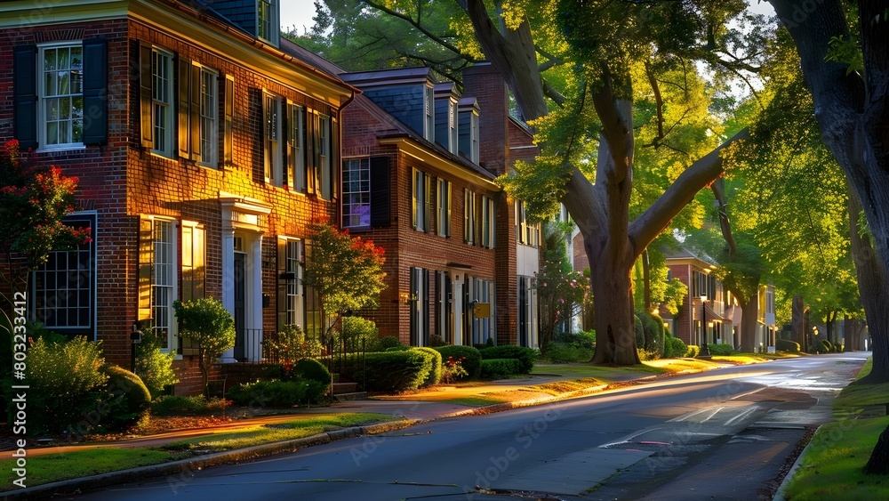 Photo of row of brick houses with trees in Williamsburg Virginia. Concept Architecture, Historic Buildings, Colonial Era, Nature, Williamsburg, Virginia
