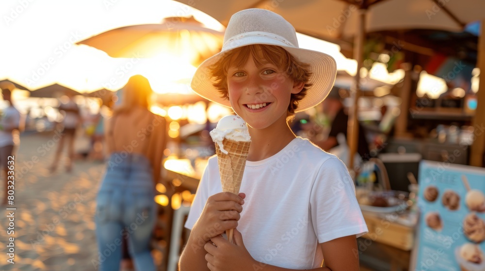 Close-up of young boy enjoying ice cream on a hot summer day, summer time concept Close-up of young boy enjoying ice cream on a hot summer day, summer time concept