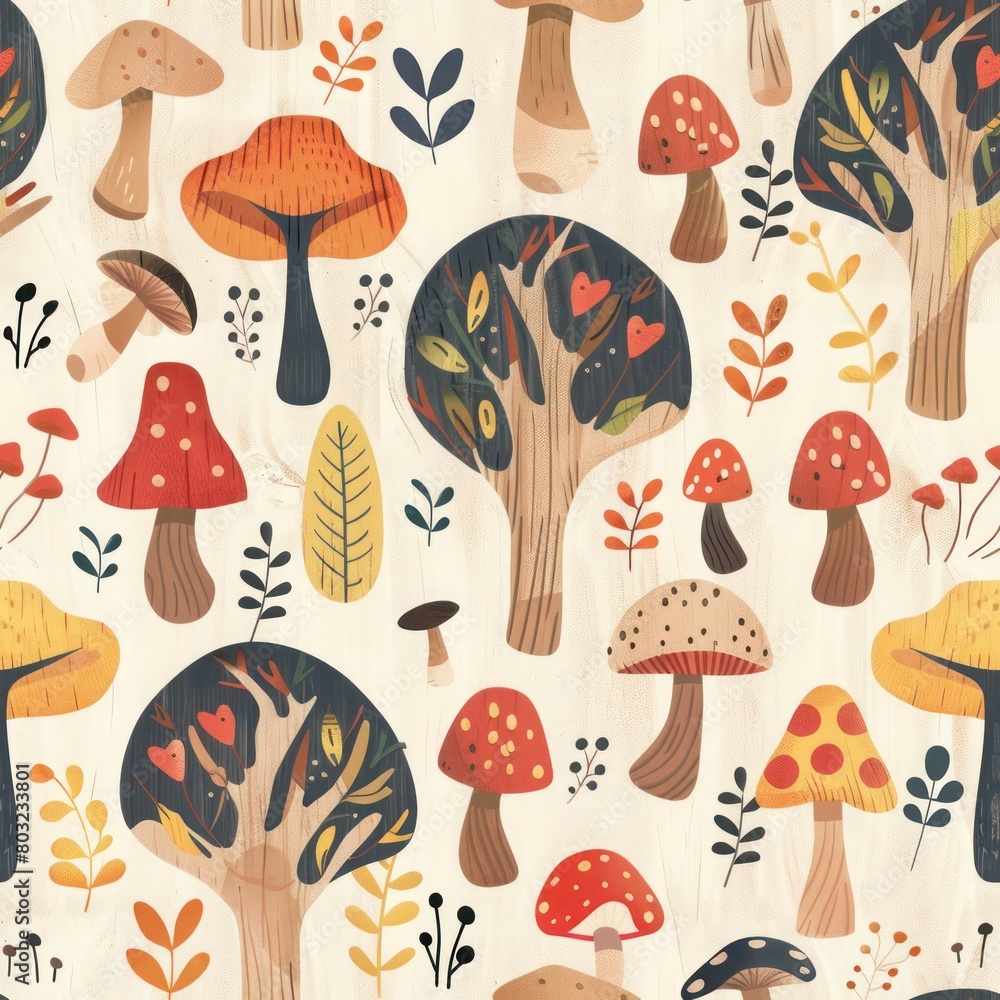 A seamless pattern of whimsical mushrooms and trees with a wood grain texture. A seamless pattern of whimsical mushrooms and trees with a wood grain texture.