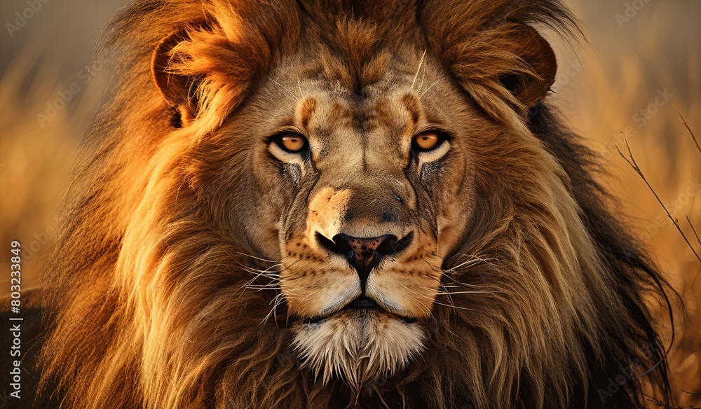 Majestic lion portrait at golden hour in savanna