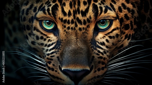 Majestic close-up portrait of a fierce jaguar with intense blue eyes © volga