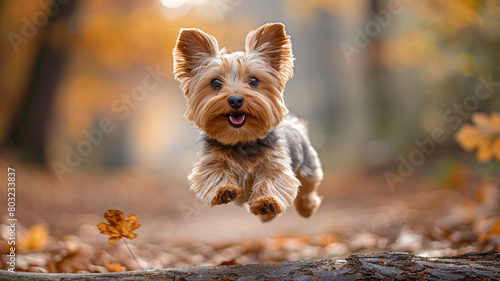 A tiny Yorkshire Terrier bouncing with glee  leaping over a fallen tree branch in a serene woodland clearing.