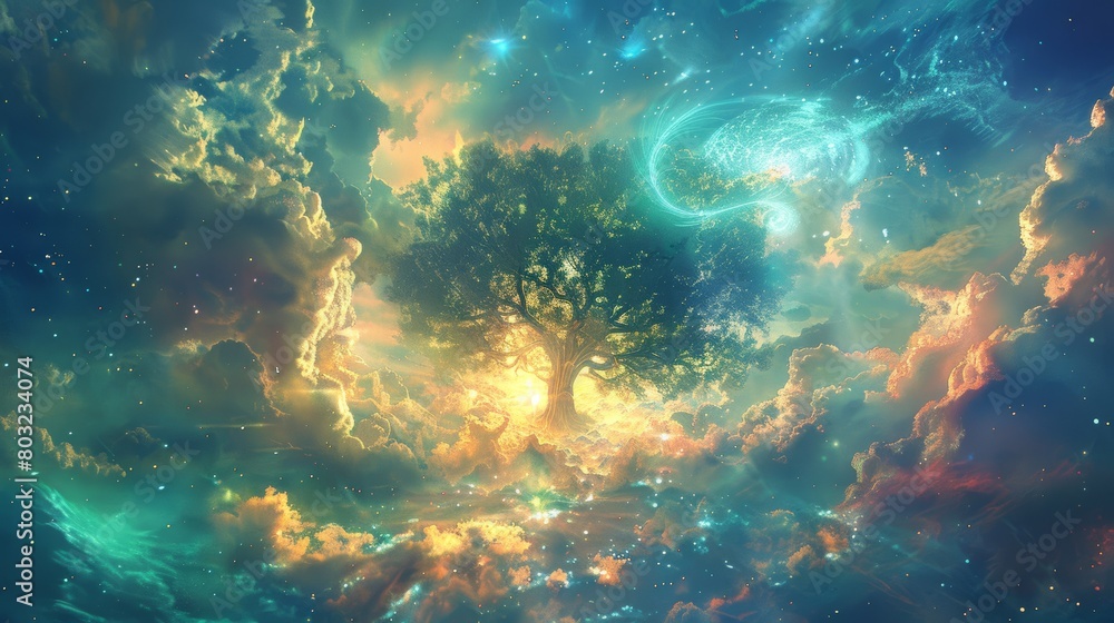 Enchanting Tree of Life Amidst a Surreal Landscape, Sparkling Under a Magical Starry Sky