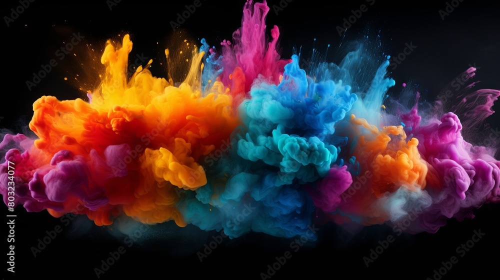 Explosive burst of colorful powder on black background