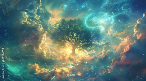 Enchanting Tree of Life Amidst a Surreal Landscape  Sparkling Under a Magical Starry Sky