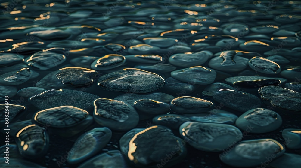Obraz premium Serene pebble beach at sunset with golden light reflection