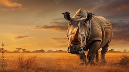 Majestic rhinoceros standing in a golden savannah at sunset