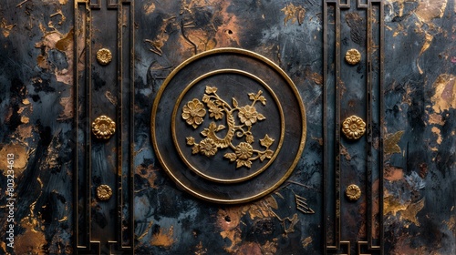 Close-up of a decorative metal door with a central floral emblem and elaborate golden accents