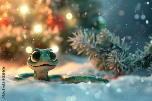 Festive Snake Toy Under Christmas Tree with Snowy Bokeh Background © dashtik
