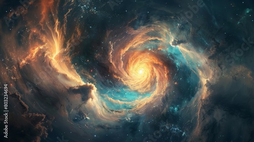 Stunning cosmic display of a swirling nebula with vibrant hues of orange and blue