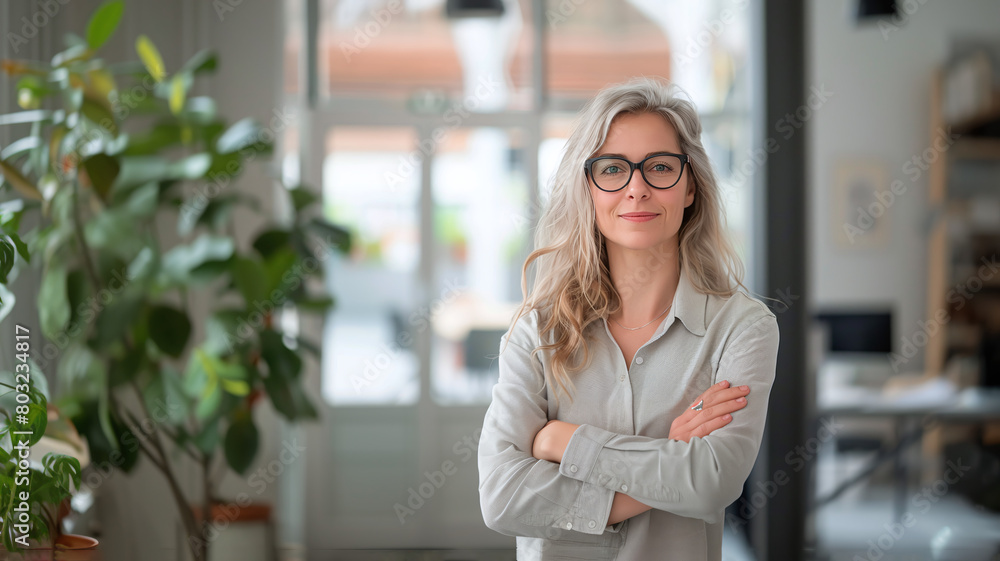 Successful middle-aged greyish blond hair Caucasian businesswoman with glasses in the office Successful middle-aged greyish blond hair Caucasian businesswoman with glasses in the office