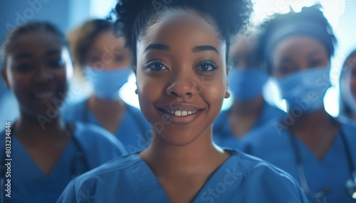 Young female nursing student with her team of medical students and doctors. Junior doctor portrait. Medical internship. Inclusive and diverse healthcare team. Healthcare concept. AI photo