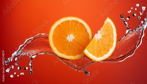 Vibrant splash of water on orange  creates a refreshing scene. Isolated on a clean colorful background