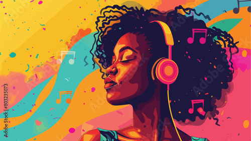 Beautiful African-American woman listening to music o