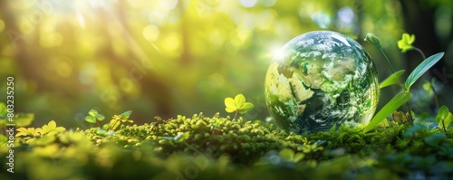 Green planet Earth with a blurred forest background, depicting an ecology concept banner