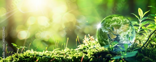 Green planet earth on moss in sunlight with a green forest background for environment and ecology concept, sustainable development, global warming or climate change idea 