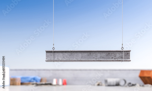 Fototapeta Naklejka Na Ścianę i Meble -  steel girders hanging from cables on a building site