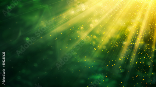 Asymmetric green light burst, abstract beautiful rays of lights on dark green background with the color of green and yellow, golden green sparkling backdrop with copy space.