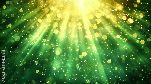 Asymmetric green light burst  abstract beautiful rays of lights on dark green background with the color of green and yellow  golden green sparkling backdrop with copy space.