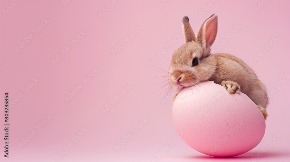 Cute Easter bunny hatching from pink Easter egg isolated on pastel pink background with copy space, Happy Easter banner with adorable rabbit Cute Easter bunny hatching from pink Easter egg isolated on pastel pink background with copy space, Happy Easter banner with adorable rabbit