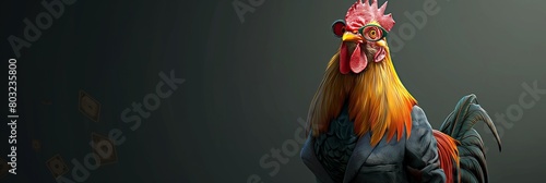 rooster wearing suit, in a official style, on a dark grey background, digital art,pecks at money  photo