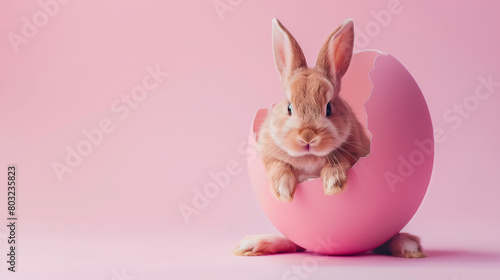 Cute Easter bunny hatching from pink Easter egg isolated on pastel pink background with copy space, Happy Easter banner with adorable rabbit © Muhammad