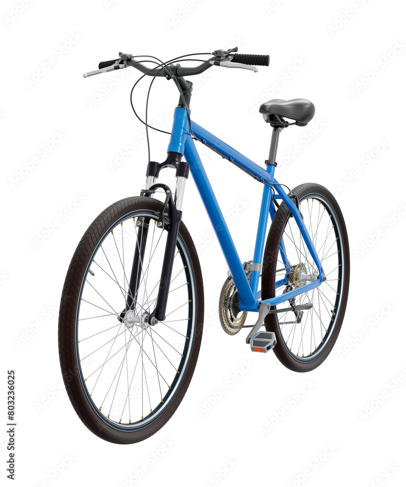 Blue bicycle, front side view. Black leather saddle and handles. Png clipart isolated on transparent background