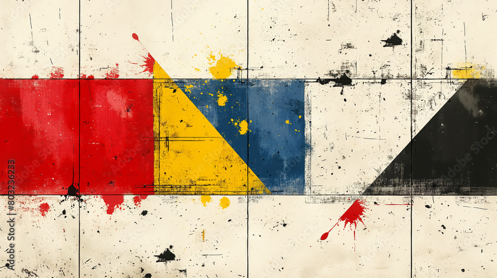 Naklejka premium Abstract flag of polyphonic prague, simple geometrical shapes, red, yellow, blue, black and white colors, simple lines, dots, splashes, grunge texture, retro poster style
