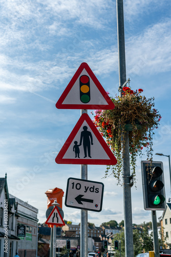 Traffic lights signal sign with pedestrian sign