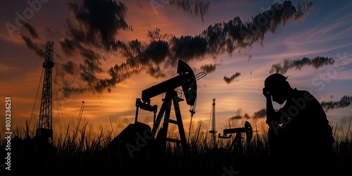 The silhouette of a tired worker sits against the background of oil pumps and the evening sky. The concept of hard work of workers.