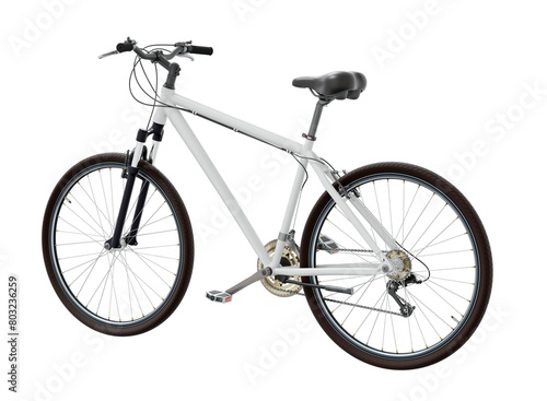 White bicycle, side back view. Black leather saddle and handles. Png clipart isolated on transparent background