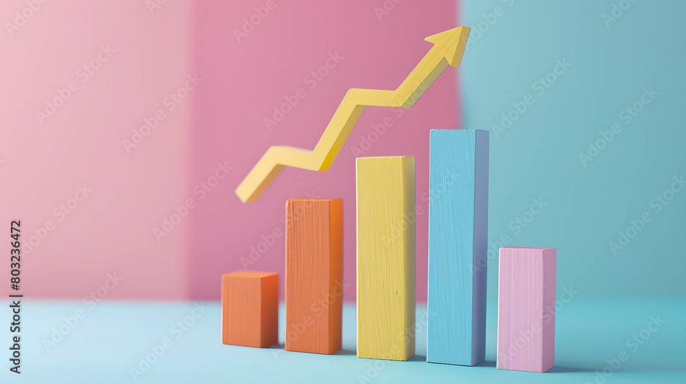 Growth bar chart and arrow upward, growth of financial and investment, copy space and minimal background, use for presentation Growth bar chart and arrow upward, growth of financial and investment, copy space and minimal background, use for presentation