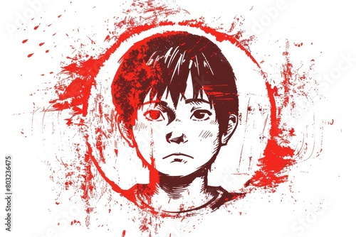 A drawing of a young boy with blood splatters on his face. Suitable for crime scene or Halloween themes