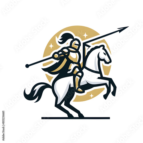 An artistic logo design depicting a mounted knight with a lance, set against a circular backdrop with stars. 