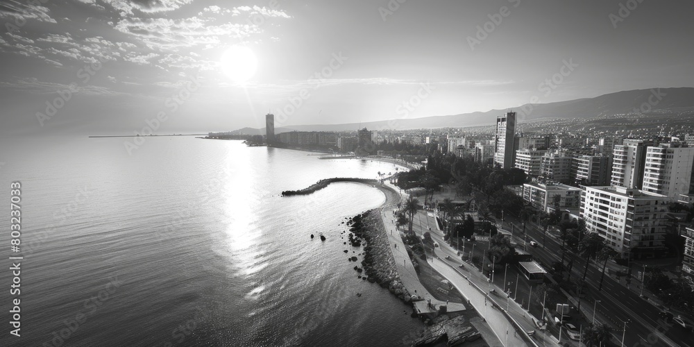 Fototapeta premium Urban landscape by the waterfront, suitable for various design projects