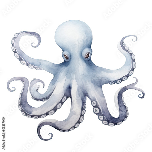 AI-Generated Watercolor Blue Octopus Clip Art Illustration. Isolated elements on a white background.