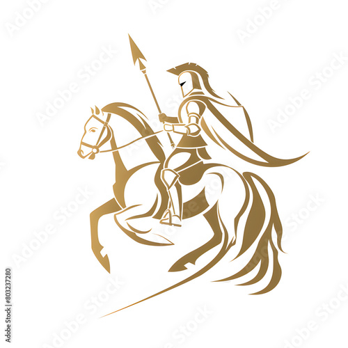 This vector art features a stylized golden warrior on horseback, poised with a spear, capturing a moment of medieval valor.

