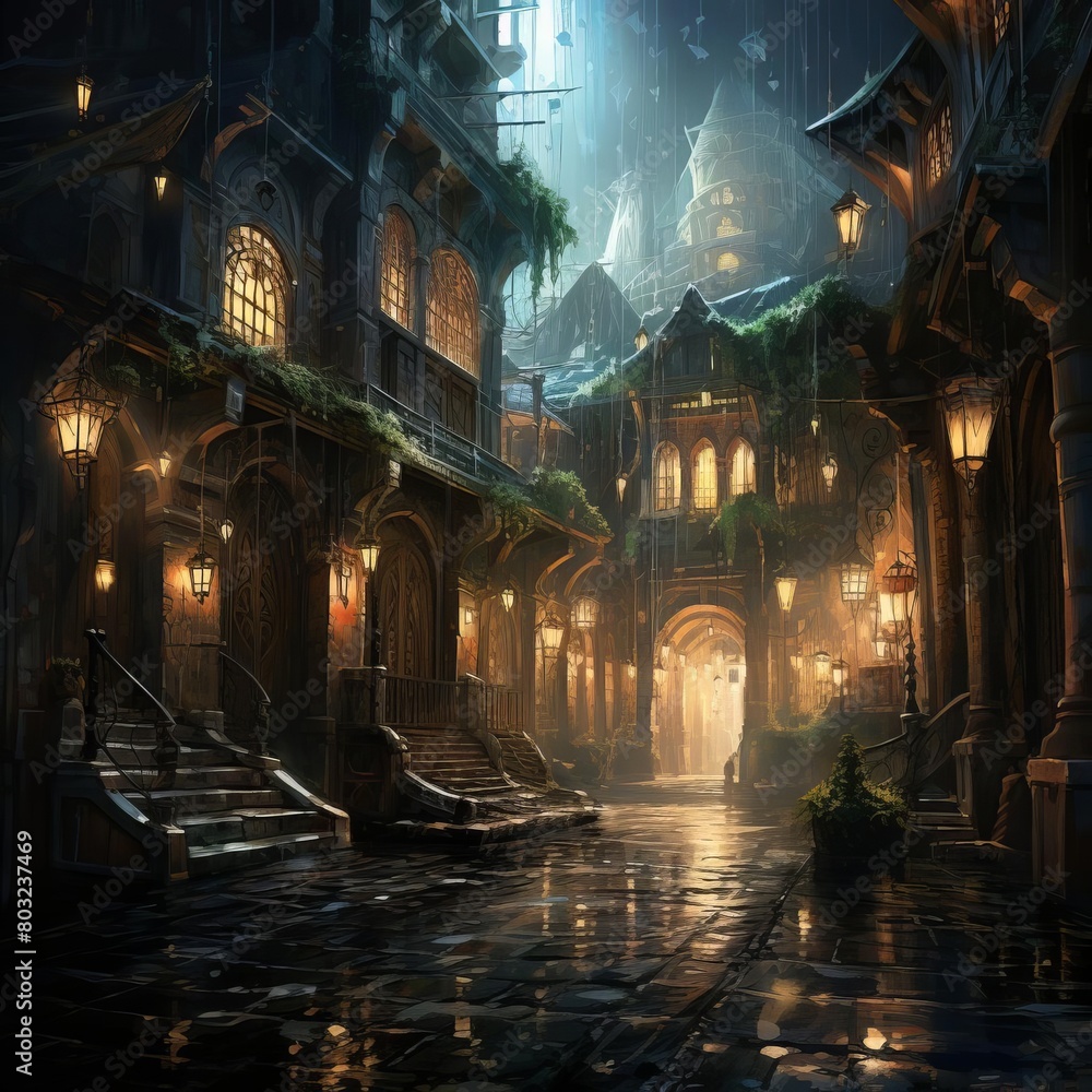 A rainy street in a medieval city