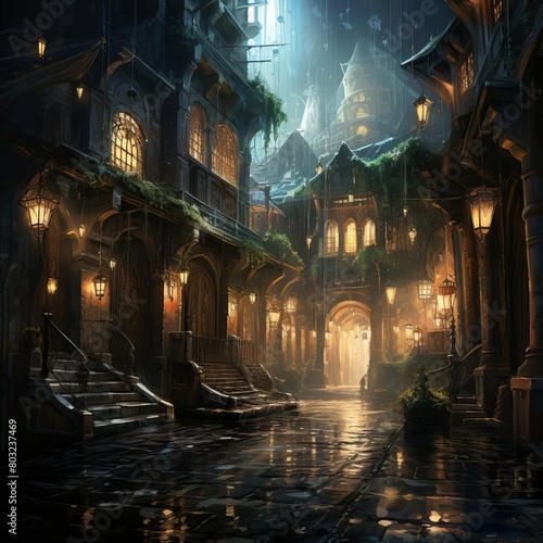 A rainy street in a medieval city