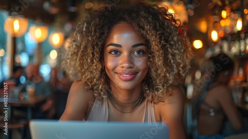 Portrait of a beautiful smiling African American woman working on a laptop in a cafe © Photo Designer 4k