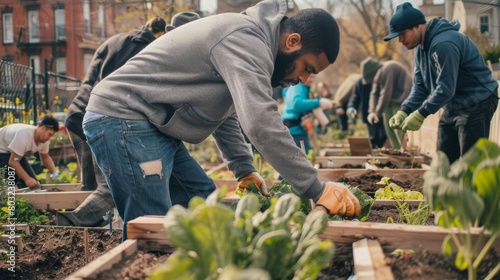 A group of urban dwellers creating a community garden on unused city land, building raised beds and compost bins © pornchan