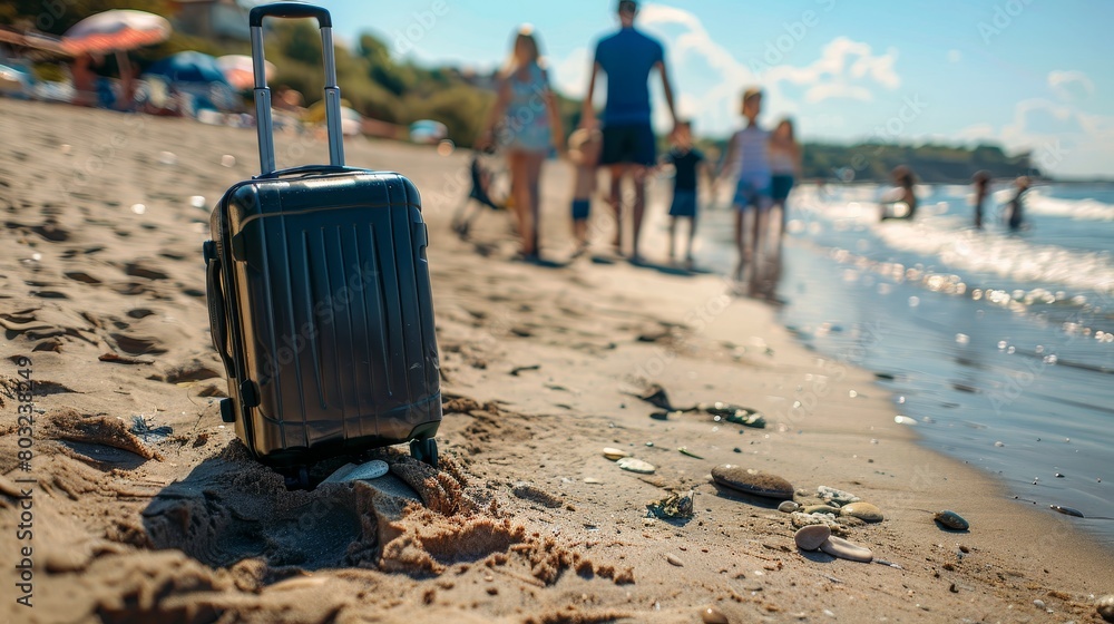 Happy family vacation with suitcase on beach background, travel and leisure concept