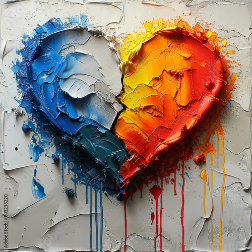 A broken heart following a sentimental break on a white background with splashes of colored paintings, Made with generative ai
 photo