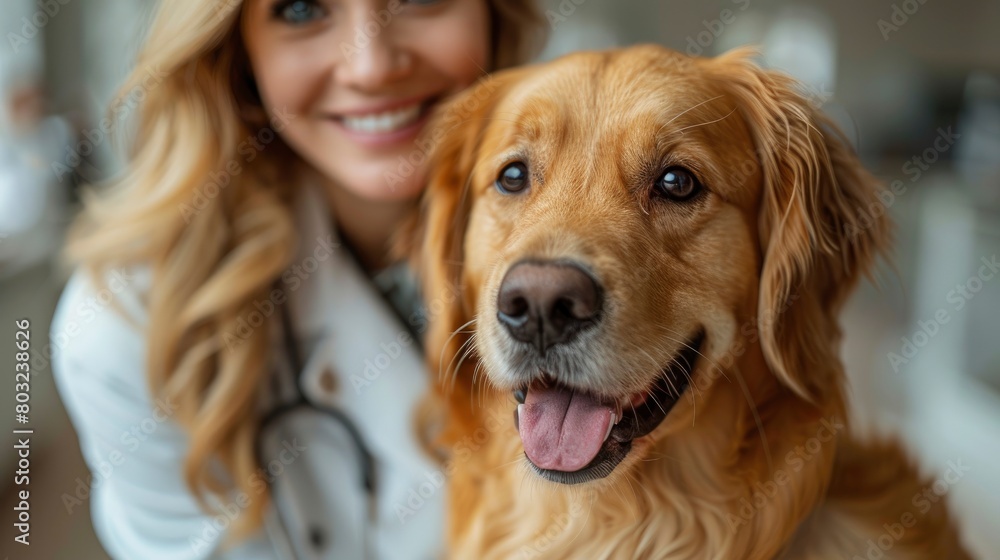 Closeup of a female human doctor with a stethoscope and white gloves holding a golden retriever dog in a clinic room