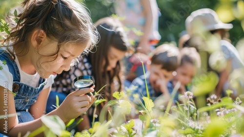 An outdoor education class where children are learning about nature, observing plants and insects with magnifying glasses photo