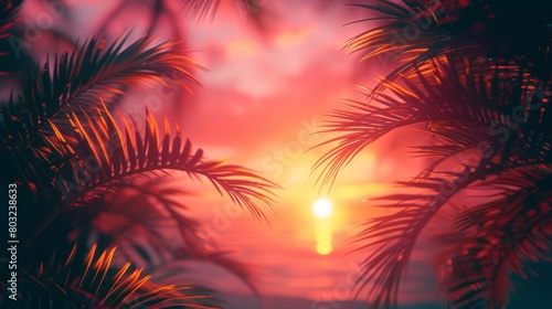 Orange sky afterglow illuminates the silhouette of palm trees on the beach, summer banner design with free copy space